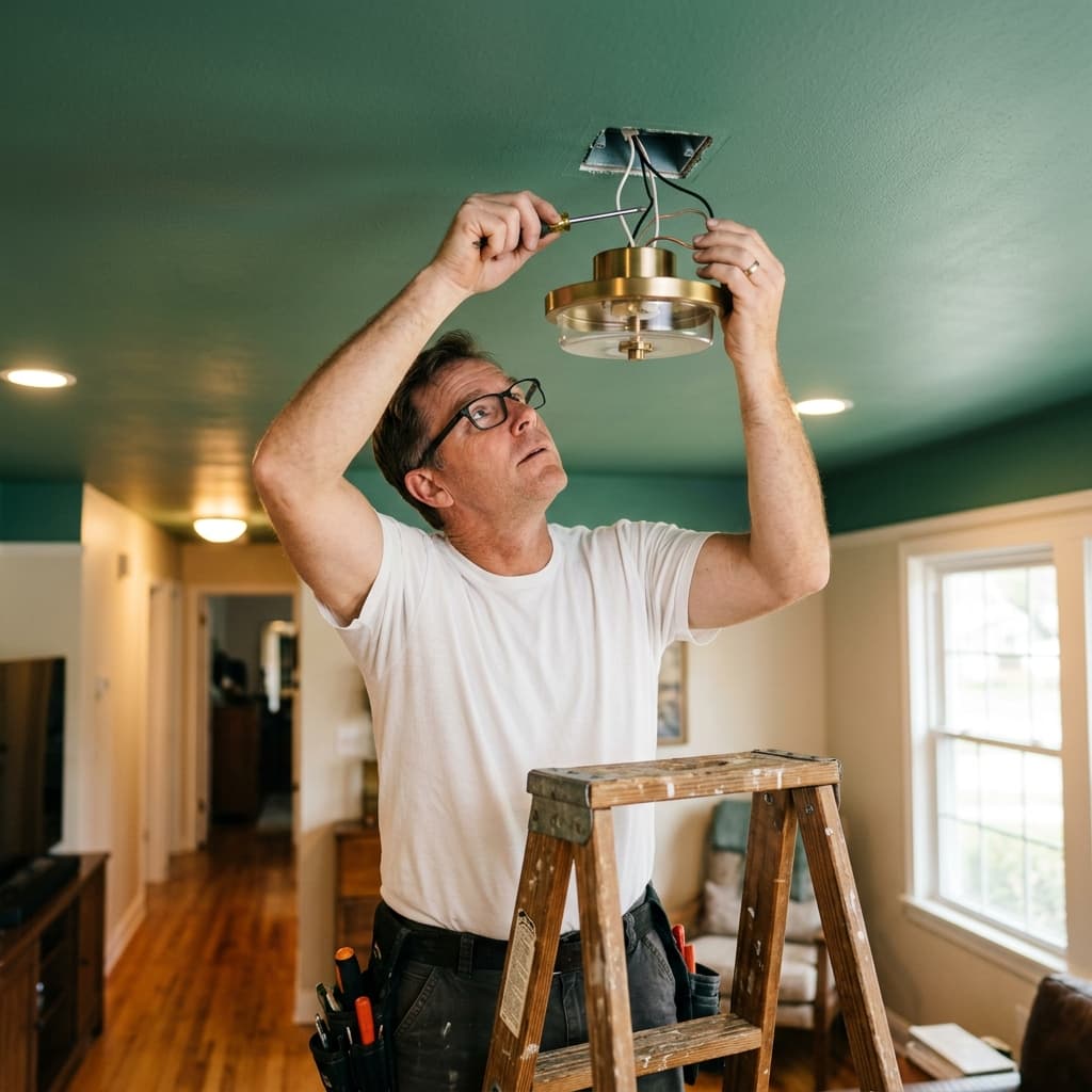 Handyman working on ceiling light fixture